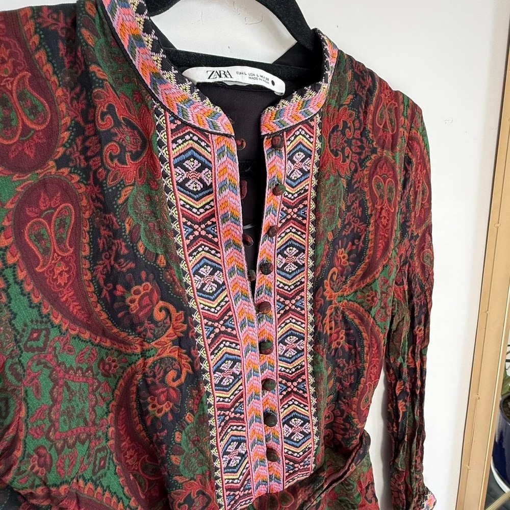 Zara paisley boho mini dress featuring colorful embroidered trim